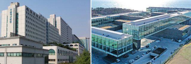 서울아산병원(왼쪽)과 병원이 의료지원을 맡은 경북대구8생활치료센터로 활용 중인 경주 현대자동차연수원.