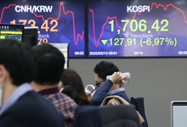 13일 서울 을지로 하나은행 본점 딜링룸에서 한 외환딜러가 생각에 잠겨 있다. 이날 코스피는 유럽과 미국 증시가 10% 안팎 무너지는 등 글로벌 증시의 ‘대폭락 장세’가 이어지며 전날에 이어 급락 출발했다./연합뉴스