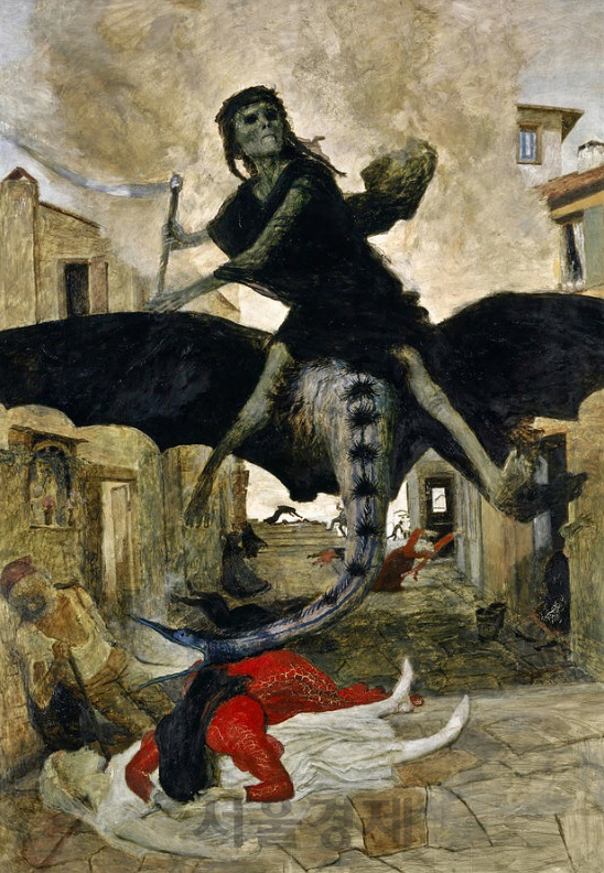 스위스 상징주의 화가 아르놀트 뵈클린의 ‘흑사병’. 중세를 휩쓸었던 감염병의 공포를 무채색과 붉은 색의 강렬한 대비로 형상화했다.
