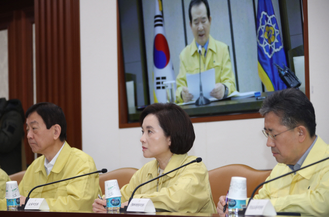 유은혜(가운데) 사회부총리 겸 교육부 장관 등이 17일 오전 정부서울청사에서 정부세종청사와 영상으로 연결해 열린 신종 코로나바이러스 감염증(코로나19) 대응 중앙재난안전대책본부 회의에 참석해 정세균 국무총리의 발언을 듣고 있다. /연합뉴스