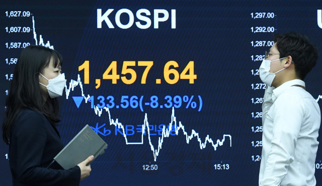 19일 서울 영등포구 여의도 KB국민은행 딜링룸에서 직원이 분주하게 업무를 보고 있다. 이날 코스피는 1,500선이 무너지며 급락했다. 코스닥지수는 전장보다 56.79(11.71%)내린 428.35로 마감했다. 서울 외환시장에서 원/달러 환율은 전날보다 40.00원오른 1,285.7원으로 마감했다./권욱기자 2020.3.19