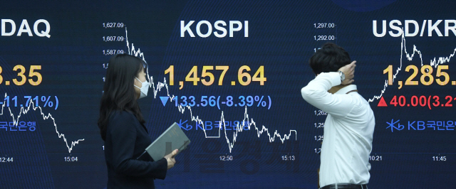 19일 서울 영등포구 여의도 KB국민은행 딜링룸에서 직원이 분주하게 업무를 보고 있다. 이날 코스피는 1,500선이 무너지며 급락했다. 코스닥지수는 전장보다 56.79(11.71%)내린 428.35로 마감했다. 서울 외환시장에서 원/달러 환율은 전날보다 40.00원오른 1,285.7원으로 마감했다./권욱기자 2020.3.19