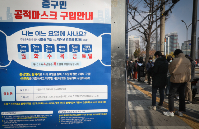 서울 시내에 한 약국에서 시민들이 공적마스크 구매하기 위해 줄을 서 있다./연합뉴스