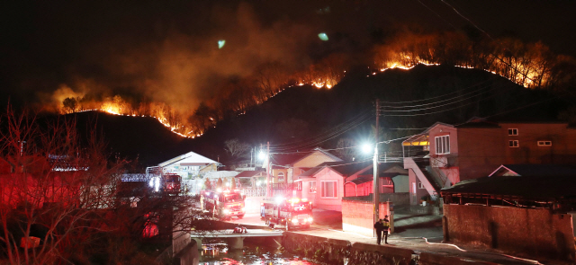 19일 오후 울산시 울주군에서 발생한 산불이 바람을 타고 번지면서 청량읍 삼정마을 인근 야산에까지 불길이 치솟고 있다. /울산=연합뉴스