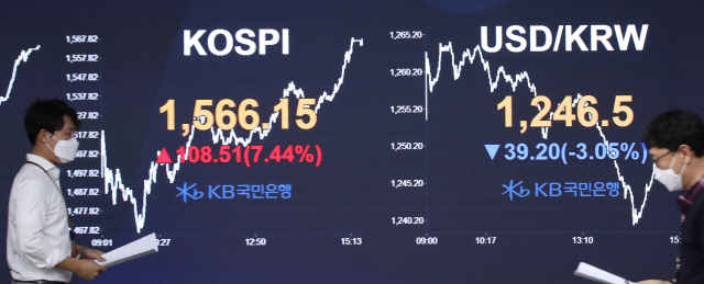 20일 오후 서울 영등포구 여의도 KB국민은행 딜링룸에서 한 직원이 증시 현황판을 바라보고 있다. /연합뉴스