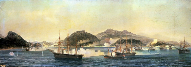 1863년 죠슈는 시모노세키 항구 앞을 지나던 서양 선박들을 포격하고, 해협을 봉쇄했다. 전국에서 유일하게 죠슈만이 양이를 실행한 것이다. 하지만 이에 격노한 서양 각국은 이듬해 연합 함대 체제로 죠슈를 처절하게 보복했다. 그림은 프랑스 화가 장 밥티스트 앙리 뒤랑 브라제의 ‘시모노세키 전투’.