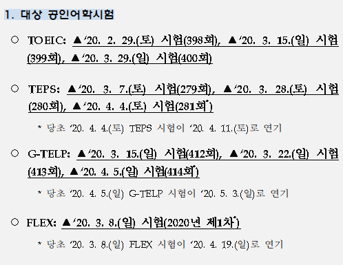 공인노무사 어학성적 제출기한 연장 대상 시험 /자료제공=고용노동부