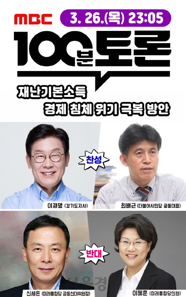 이재명 '재난기본소득 필요성 놓고 치열한 설전…MBC 100분 토론 출연'