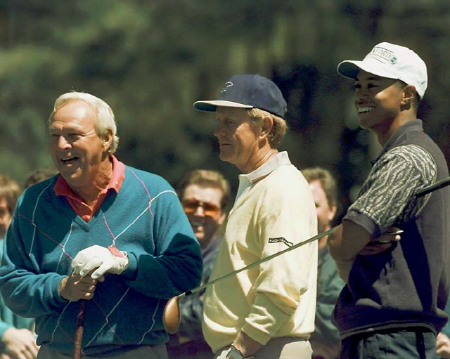 1996년 마스터스 연습 라운드를 함께한 아널드 파머(왼쪽부터)와 잭 니클라우스, 타이거 우즈. /출처=골프닷컴