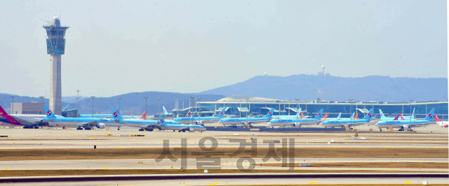 코로나 19 여파로 하늘길이 맏힌 가운데 인천공항 2터미널에 서있는 여객기들/영종도=이호재기자