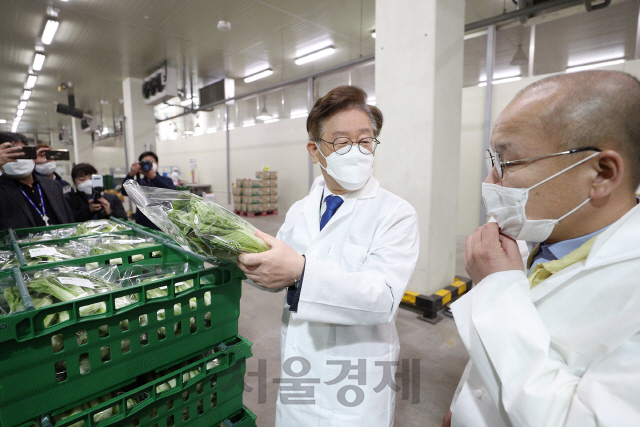 이재명 경기도지사가 경기친환경농산물유통센터를 방문해 친환경농산물 소비촉진을 위해 추진하는 꾸러미 지원사업 현장에서 친환경농산물을 살펴보며 관계자들과 이야기를 나누고 있다. /사진제공=경기도