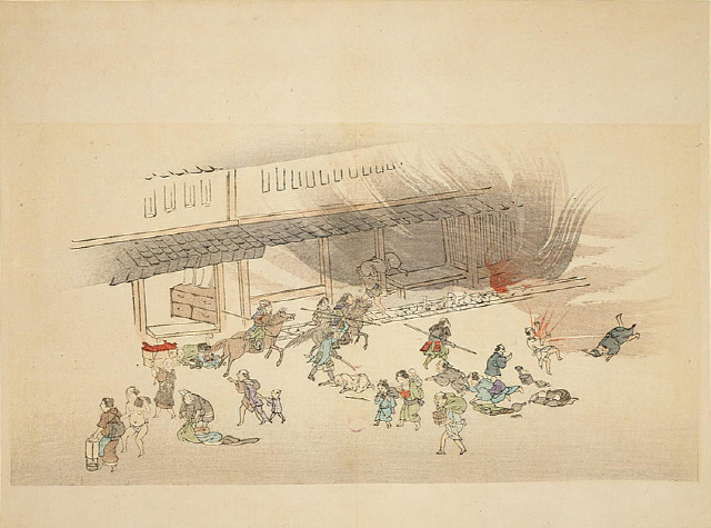 1864년 8월 교토에서 벌어진 ‘금문의 변’을 그린 일본 우키요에. 이 사건으로 조슈는 결국 패하고, 다수의 존양파가 목숨을 잃었다./사진출처=위키피디아