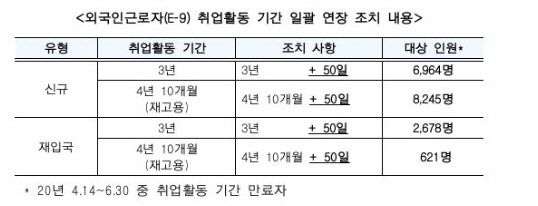 비전문외국인력 취업활동 일괄 연장 조치 안 /자료제공=고용노동부