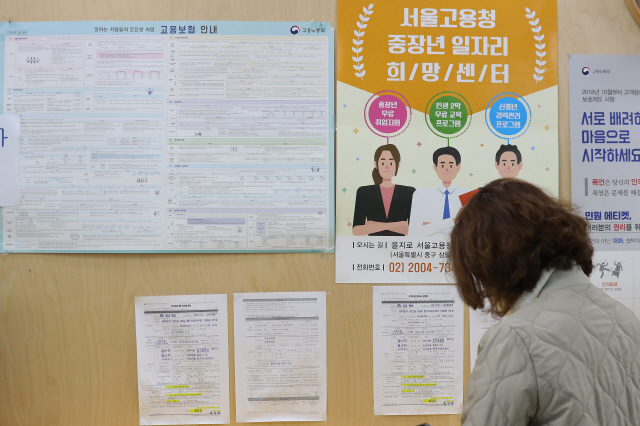 구직자가 서울 중구 고용복지 플러스센터 게시판 앞을 지나가고 있다. 코로나19 여파로 지난달 취업자는 1년 전보다 19만명 이상 감소했다./연합뉴스