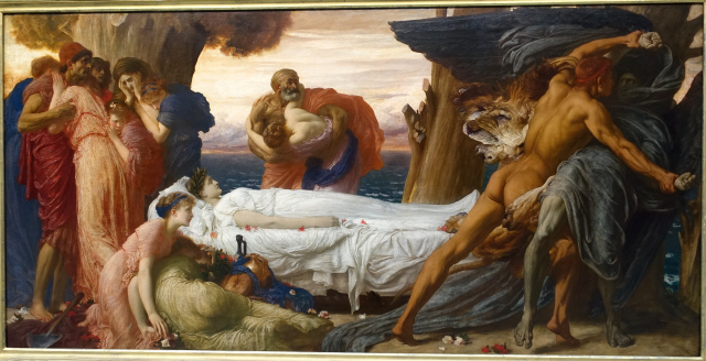 알케스티스 왕비를 지키기 위해 죽음과 싸우고 있는 헤라클레스를 묘사한 영국 프레드릭 레이튼 경의 회화./미국 워즈워스 아테니움 미술관 소장