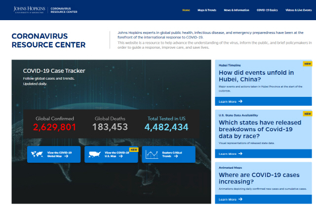 미국 존스홉킨스대학이 23일(현지시간) 홈페이지에 공개한 신종 코로나바이러스 감염증(코로나19) 확산 현황 /존스홉킨스대학 홈페이지 캡처