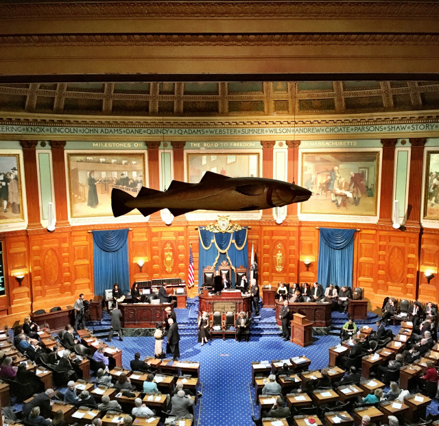 수백년째 미국 매사추세츠주 의회당에 걸려 있는 ‘성스러운 대구(Sacred cod)’ 조형물. 현재 설치돼 있는 조형물은 3대 대구상으로, 1895년부터 현재까지 의회당을 지키고 있다. /위키피디아