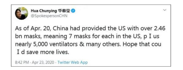 중국이 미국에 대규모 의료물자를 공급했다고 주장한 화춘잉 트위터 /트위터 캡처