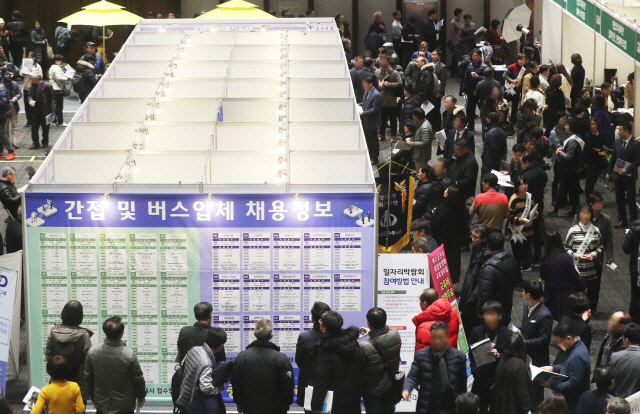 작년 경기도 수원시 수원컨벤션센터에서 열린 한 취업 박람회에서 구직자들이 취업을 위해 채용 정보를 살피고 있다. /연합뉴스