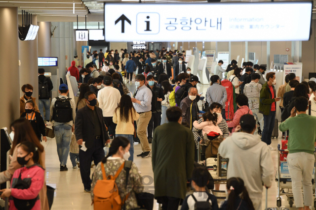 황금연휴를 하루 앞둔 29일 서울 강서구 김포공항 국내선 청사가 승객들로 붐비고 있다. 이날 중앙재난대책안전본부는 30일부터 시작되는 ‘황금연휴’ 기간 제주도에 약 18만 명의 입도가 예상된다며, 입도객의 발열 감지기준을 종전 37.5도에서 37.3도로 하향조정해 검역을 강화한다./이호재기자