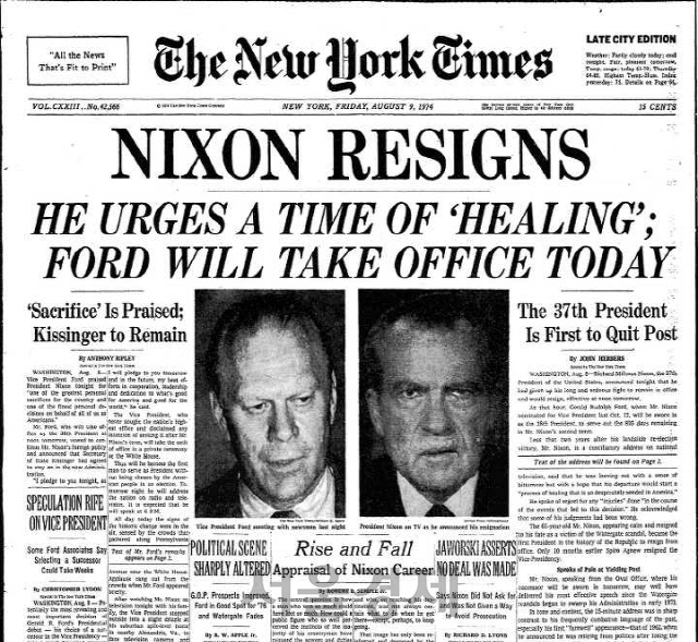 닉슨 대통령의 사임 소식을 전한 뉴욕타임스 1974년 8월9일자 신문