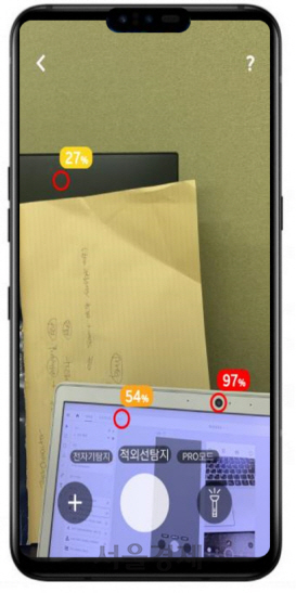 에스프레스토가 개발 중인 몰카 탐지 앱 릴리의지도 사용 모습. 카메라로 의심되는 지점을 빨간 원으로 포착한다. /사진제공=에스프레스토