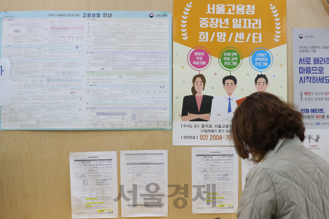 구직자가 서울 중구 고용복지 플러스센터 게시판 앞을 지나가고 있다. 코로나19 여파로 지난달 취업자는 1년 전보다 19만명 이상 감소했다./연합뉴스