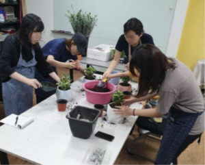 영등포구 이웃만들기사업에 참가한 구민들이 이웃들에게 나눠줄 미세먼지 정화식물을 화분에 식재하고 있다./사진제공=영등포구