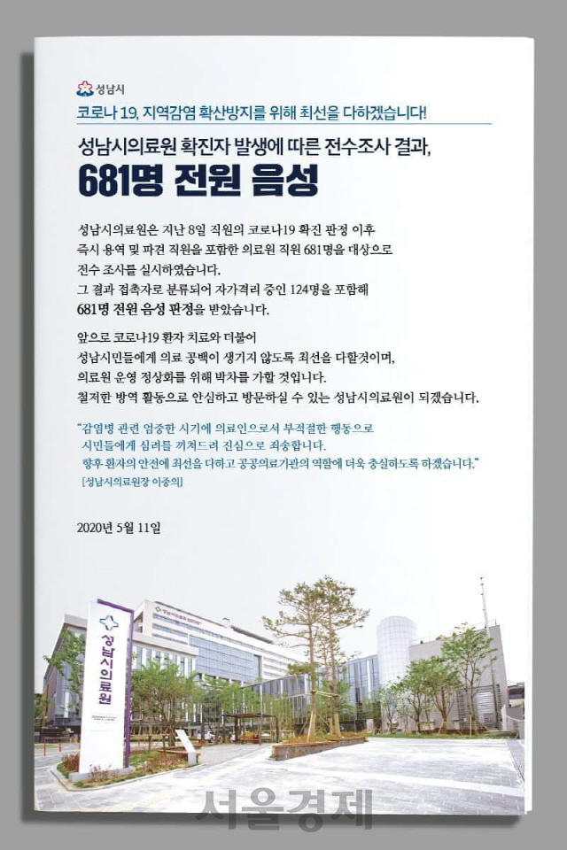 성남시의료원, 코로나19 전수조사 681명 전원‘음성’…운영 정상화에 박차