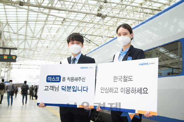 한국철도 직원들이 14일 서울역에서 코로나19 확산 방지를 위한 열차 내 마스크 착용을 권고하는 캠페인을 벌이고 있다.  사진제공=한국철도