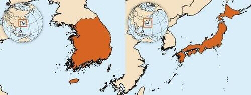왼쪽은 독도와 울릉도가 빠진 한국지도, 오른쪽은 포함된 일본지도./반크 제공=연합뉴스