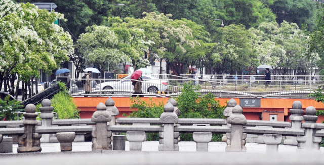 전국에 봄비가 내린 15일 서울 청계천길에 이팝나무 꽃이 핀 가운데 우산을 쓴 시민들이 광교를 건너고 있다. 이날 시작된 비는 일부 지역에 16일까지 이어질 것으로 전망된다. /오승현기자