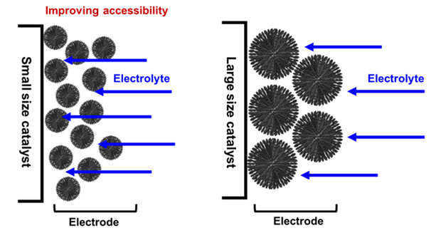 박찬호 GIST교수팀이 개발한 비백금계 연료전지 촉매가 고효율의 전력생산을 구현할 수 있는 원리. 전극(explode)의 역할을 하는 철·질소 함유 탄소입자의 크기가 클 때(오른쪽)보다는 작게 할 때(왼쪽) 전해질(electrolyte)과의 접촉면적이 높아져 전력생산을 위한 화학반응이 극대화된다./자료제공=GIST