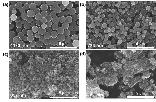 철 및 질소 등을 함유한 공 모양의 다공성 실리콘 산화물을 탄화시켜 만든 촉매를 전자현미경으로 살펴본 이미지. 박찬호 교수팀은 공모양의 각 촉매를 다양한 크기로 조절해 제조해보았다. 각각의 크기는 (a) 1173 nm, (b) 723 nm, (c)  337 nm, (d) 151 nm다. 1나노미터(nm)는 1억분의 1m. /자료제공=GIST