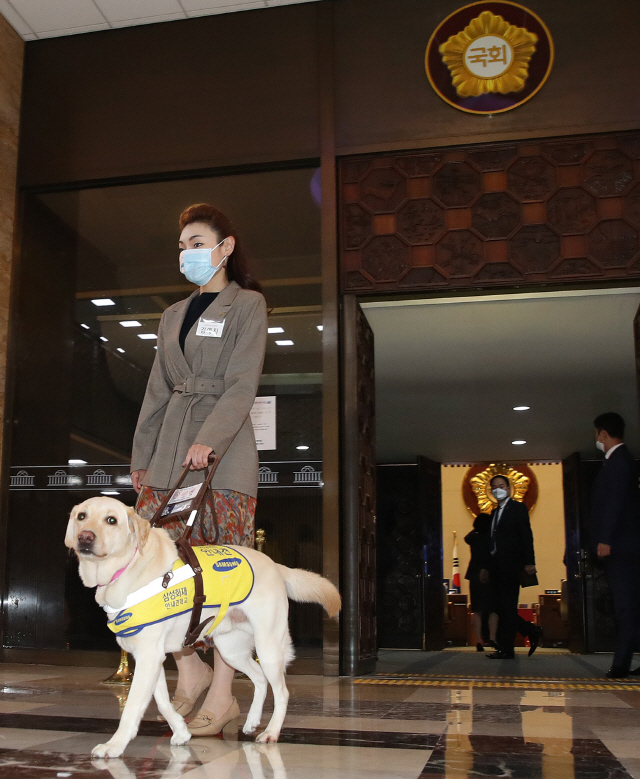 김예지 미래한국당 당선자와 안내견 조이가 20일 오후 서울 여의도 국회 본회의장 견학을 마친 뒤 기념촬영을 위해 이동하고 있다. /연합뉴스