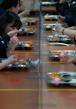 20일 오전 부산 한 고등학교에서 학생들이 칸막이를 사이에 두고 식사하고 있다. / 연합뉴스