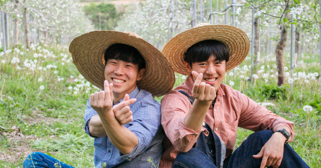 농업회사법인 청년연구소의 이석모(왼쪽)·이경은 대표가 청송 사과밭에서 손하트를 만들어 보이고 있다. /사진제공=청년연구소