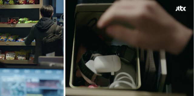 JTBC 드라마 ‘부부의 세계’에서 준영이 PC방에서 물건을 훔치는 모습(왼쪽)과 준영이 훔친 물건들(오른쪽).