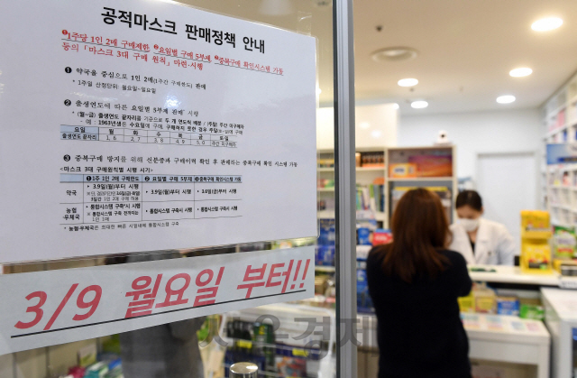 서울 서대문구의 한 약국에 마스크 판매와 관련한 안내문이 붙어 있다. /서울경제DB