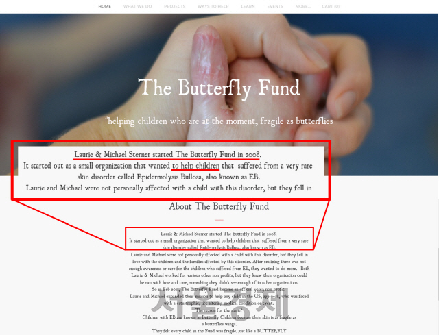 그러나 배너를 클릭하면 미국인 부부가 설립한 것으로 돼 있는 아동 후원 기금웹사이트, ‘The Butterfly Fund’로 연결된다.