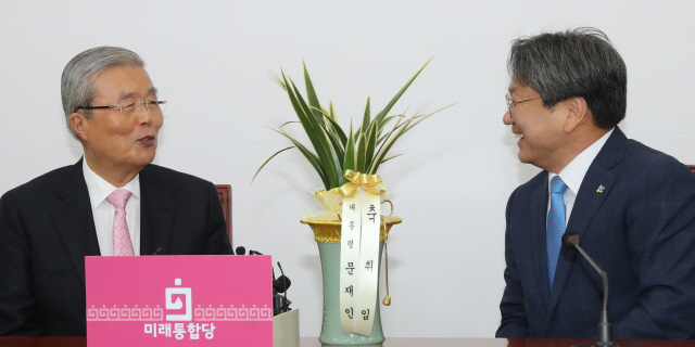 미래통합당 김종인 비상대책위원장(왼쪽)이 2일 오후 서울 여의도 국회에서 강기정 청와대 정무수석의 예방을 받고 이야기를 나누고 있다.