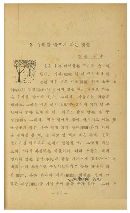 1950년대 고등국어 2에 실린 안톤 슈나크 원작, 김진섭 번역의 ‘우리를 슬프게 하는 것들’