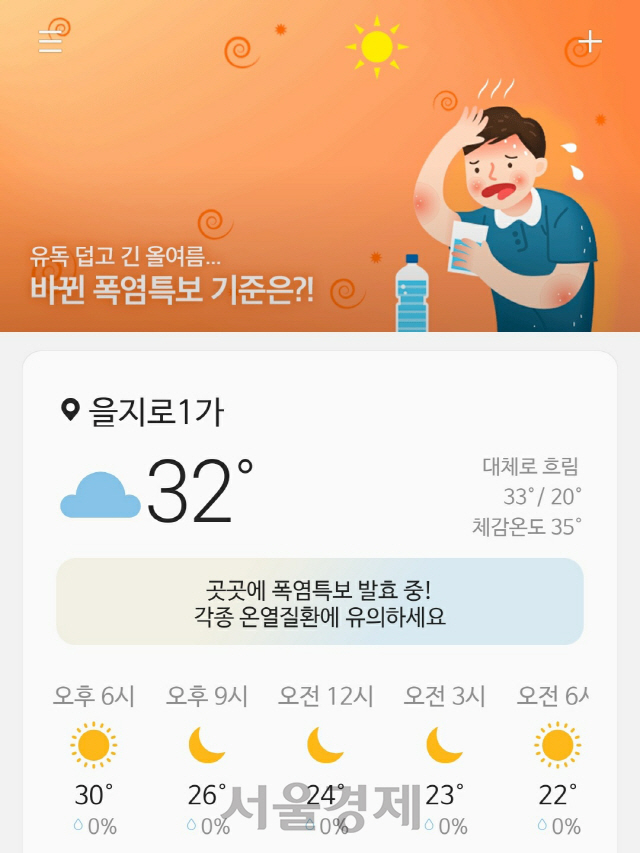 지난 9일 오후 갤럭시 S9+에서 확인한 삼성전자 날씨 앱 상단부에 정보성 포스팅이 게재돼 있다. /휴대폰 화면 캡쳐