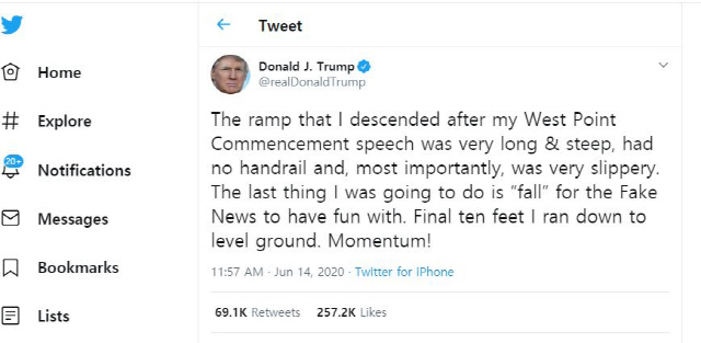 도널드 트럼프 미국 대통령이 트위터를 통해 자신의 걸음걸이가 부자연스러웠다는 지적에 반박한 내용. /트럼프 트위터 캡처