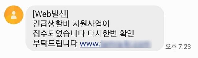 긴급재난지원금 지원 사업을 사칭한 스미싱 문자메시지 본문/사진제공=안랩