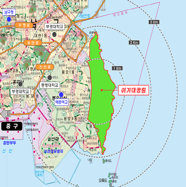 부산시가 공원일몰제로 난개발 위기에 처한 부산 이기대공원을 현행 ‘자연녹지지역’에서 ‘보전녹지지역’으로 용도지역을 전면 변경하기로 했다. 이기대공원 위치도./사진제공=부산시