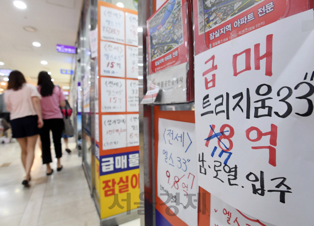 서울 강남구 삼성·대치·청담동, 송파구 잠실동(법정동 기준)에서 토지거래허가제도가 시행된 23일 서울 잠실동의 한 공인중개소에 부동산 매물 정보가 붙어 있다. 토지거래허가제는 주거지역에서 18㎡, 상업지역에선 20㎡ 넘는 토지를 살 때 지방자치단체의 허가를 받도록 하는 제도다./권욱기자 2020.6.23