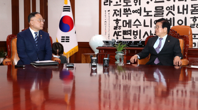 박병석 국회의장(오른쪽)이 24일 국회 의장실에서 홍남기 경제부총리를 만나 환담하고 있다. /연합뉴스