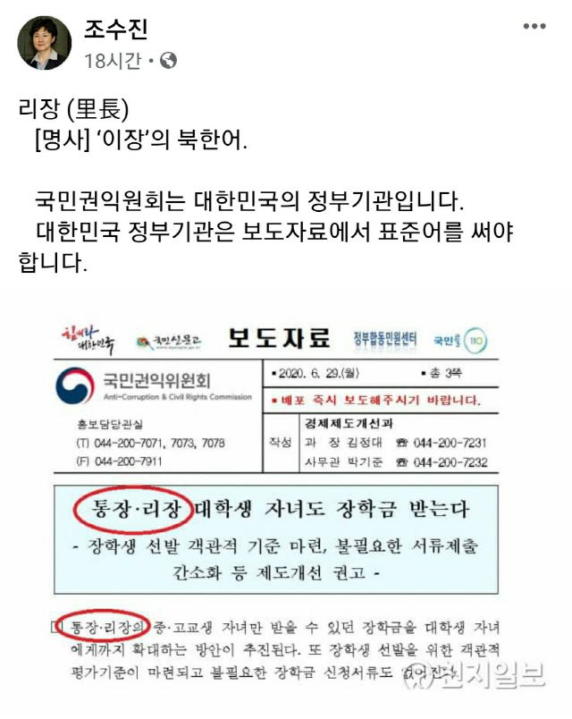 권익위의 ‘리장’ 표현이 북한식 용어라고 지적하는 조수진 통합당 의원. /자료제공=조수진 의원 페이스북