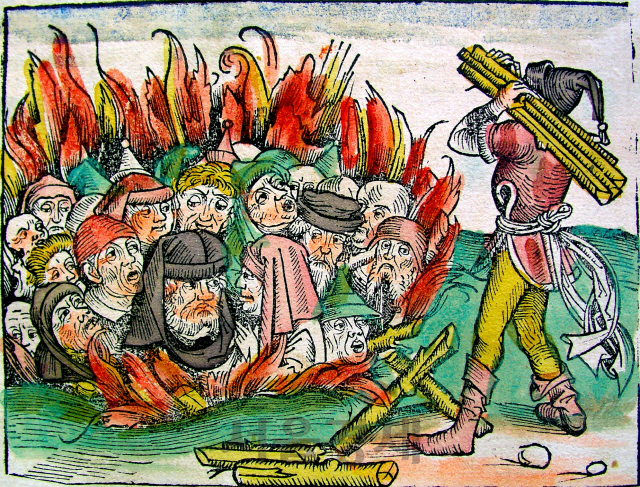 우물에 독을 풀어 흑사병을 퍼트렸다는 혐의로 구덩이에서 산채로 화형 당하는 유대인을 그린 그림./ 위키피디아